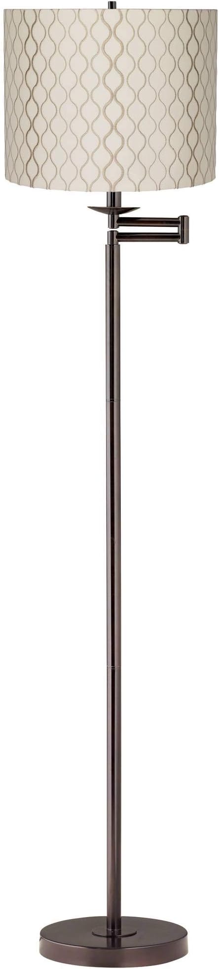 Regency Hill Adjustable Swing Arm Floor Lamp Standing 60.5" Tall Bronze Metal Thin Profile Embroidered Hourglass Off White Fabric Drum Shade for Living Room Reading House Bedroom