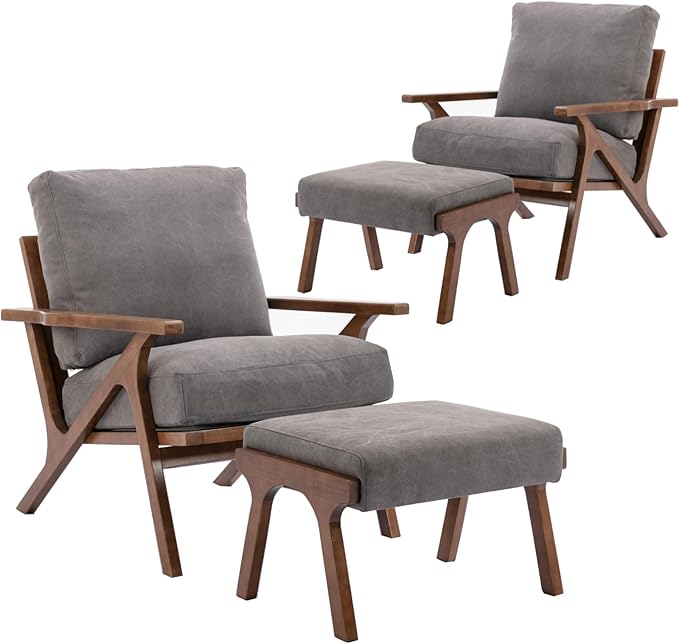 chairus Mid-Century Modern Accent Chairs with Ottomans Set of 2, Comfy Upholstered Lounge Armchairs with Solid Wood Frame, Reading Chairs for Living Room Bedroom Office, Grey Denim Fabric