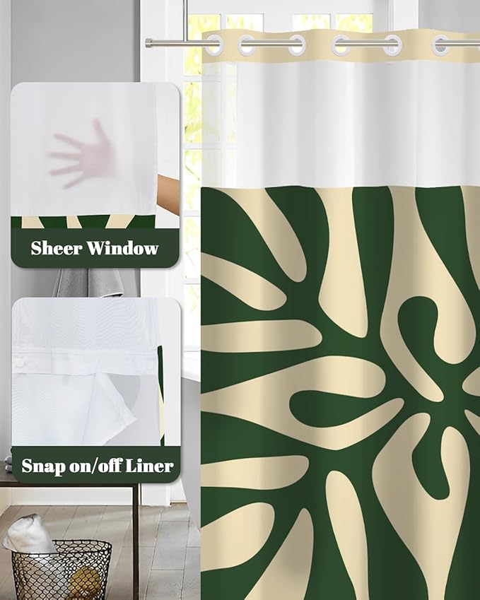No Hook Shower Curtain and Snap in Liner Set, Matisse-Inspired Abstract Green Botanical Shower Curtains for Mid-Century Modern Boho Bathroom, Mesh Top Waterproof Bath Curtain, 71Wx74H