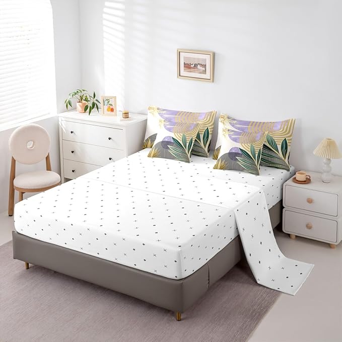 Erosebridal Mid Century Comforter Set King Abstract Bohemian Aesthetic 7 Pcs Bedding Sets,Minimalist Modern Boho Bed in a Bag Vintage Geometric Circle Line Quilt with Flat Fitted Sheet,Purple Gold