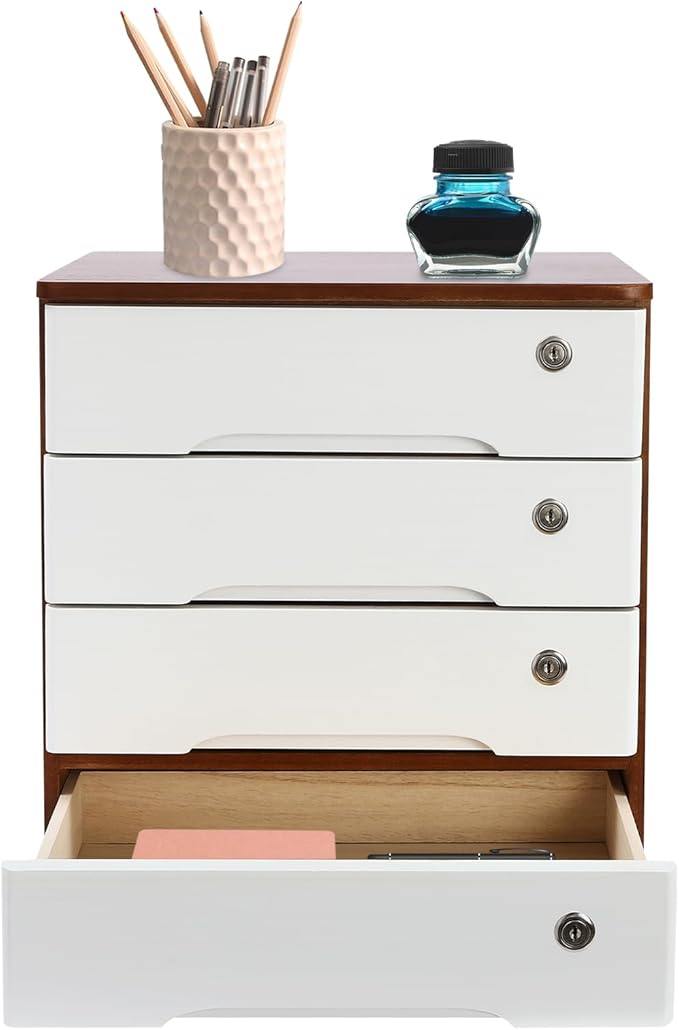Desktop File Organizer with Lock, 2/3/4 Tier Multi-Drawer Wooden Storage Cabinet, Office Supply Organizer for Home Desk, Study & Workplace (Wine Red + White, 4 Layers)