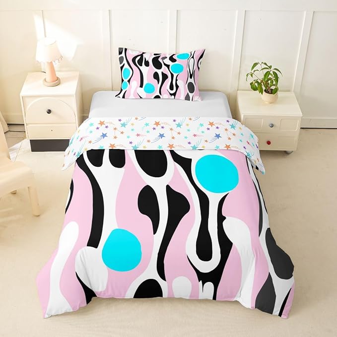 Erosebridal Mid Century Modern Abstract Duvet Cover Set Vintage Geometric Twin Bedding Sets for Girls Children Boys Contemporary Organic Shapes Comforter Cover Squiggle Blob Bed Set,Light Pink Cyan