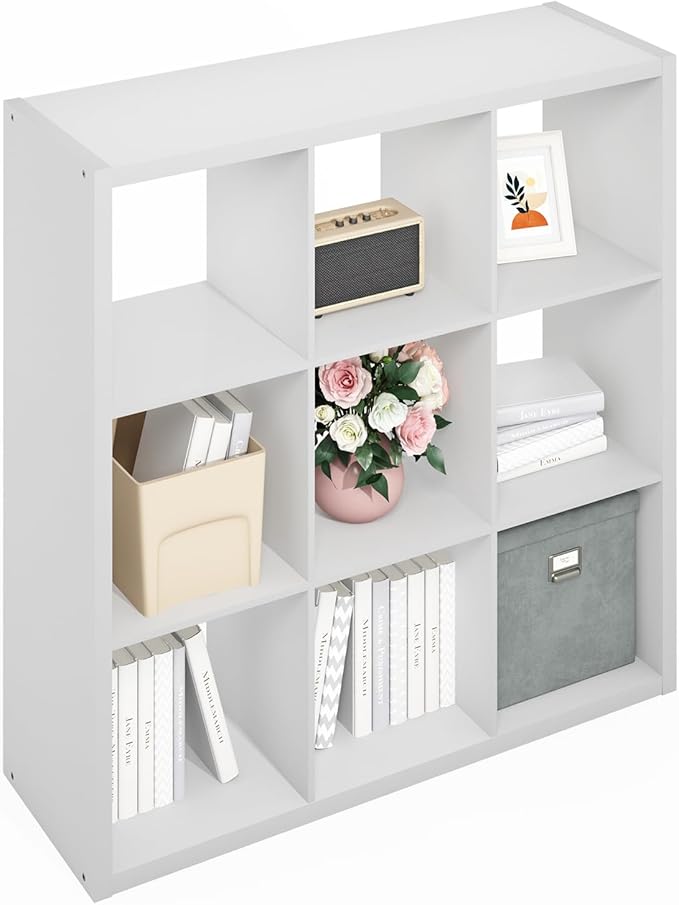 Furinno Simple Cube Storage Organizer, 9-Cube Display Shelf, Open Back Shelving Unit, Storage Shelves, Extra Thick Frame, for Organization and Storage, Living Room, Home Office, White