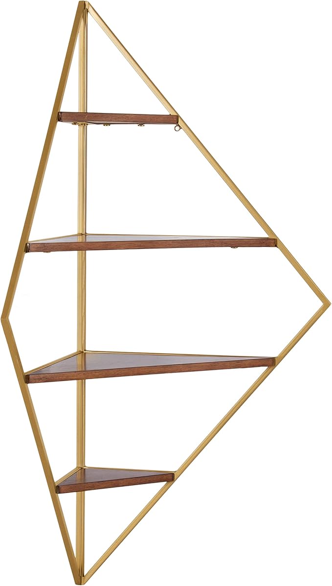 Kate and Laurel Melora Mid-Century Modern Corner Shelf; 24 x 38 x 17; Walnut and Gold; Glamorous Floating Corner Shelving with Four Shelves and Unique Geometric Shape