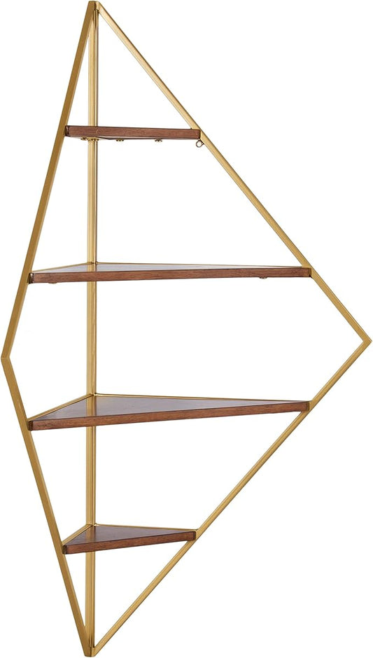 Kate and Laurel Melora Mid-Century Modern Corner Shelf; 24 x 38 x 17; Walnut and Gold; Glamorous Floating Corner Shelving with Four Shelves and Unique Geometric Shape