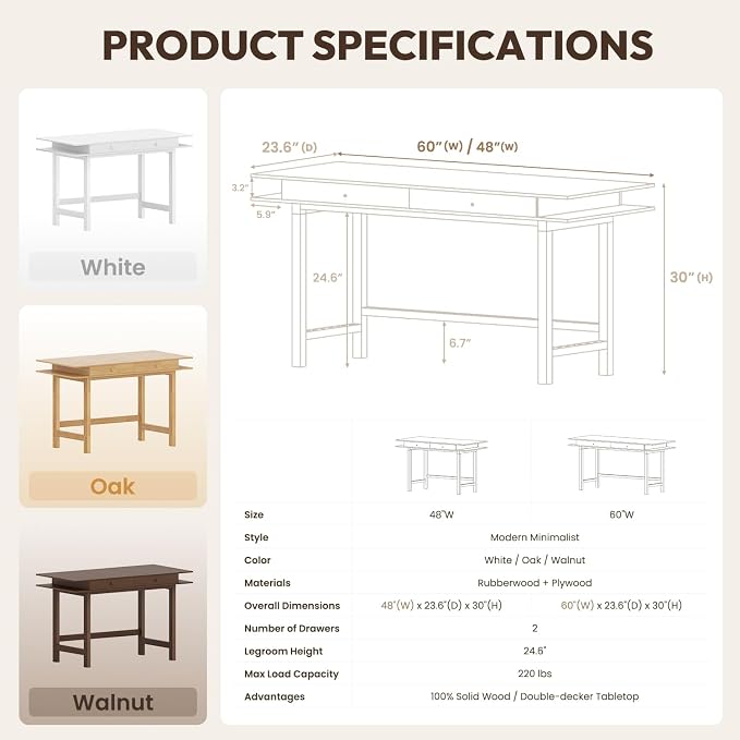 Double-Top Solid Wood Desk - 48-Inch Mid-Century Modern Writing Table with Drawers for Home Office, Study, and Creation, Rubberwood Computer Desk in Black Walnut