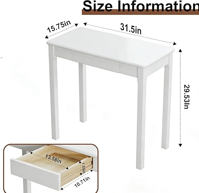 Solid Wooden Desk with Drawers - 32 x 16 Inch Narrow Desks for Small Spaces, Rubberwood Simple Study Table, Small Writing Desk for Bedroom - Modern White Desks