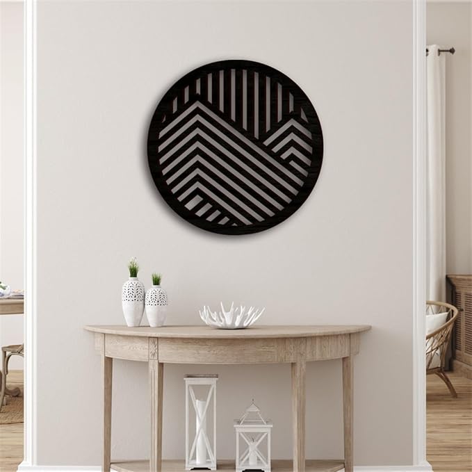 Geometric Wood Wall Art Decor, Modern Vintage Mountain Wall Sculptures Hanging Abstract Panels Decor, 3D Round Hollow Wooden Craft Art Boho Wall Decoration, for Home Office Living Room Bedroom (Black)