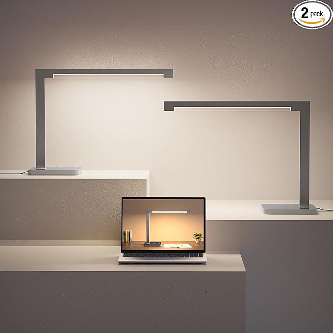 2 Pack Aluminum LED Desk Lamp with Charging Station, 15W Smart Table Lamp with Type-C Ports & 4 Color Temperature Modes(3000K-6000K), Dimmable Reading Light for Home Office(Includes Adapter)