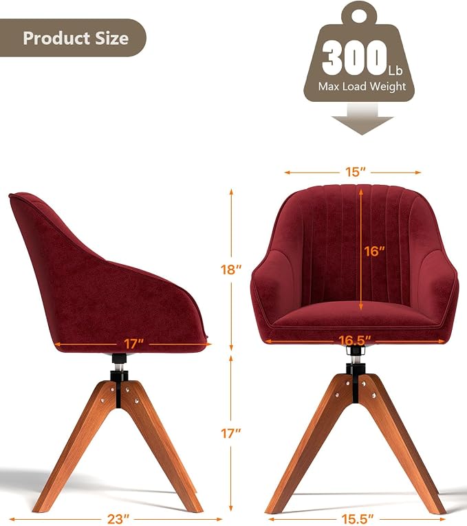 OS MOTOR Modern Swivel Accent Chair with Arms, Upholstered Desk Chair No Wheels, Mid-Century Fabric Armchair with Oak Wood Legs for Home Office, Bedroom, Vanity, Red