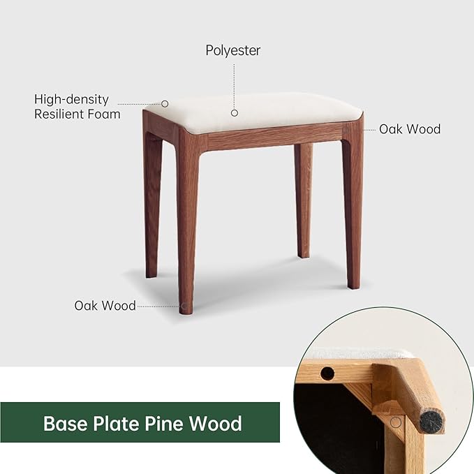 Vanity Stool, Ash Wood Vanity Chair, Wooden Chair for Vanity with Upholstered Cushions for Living Room, Bedroom, Walnut