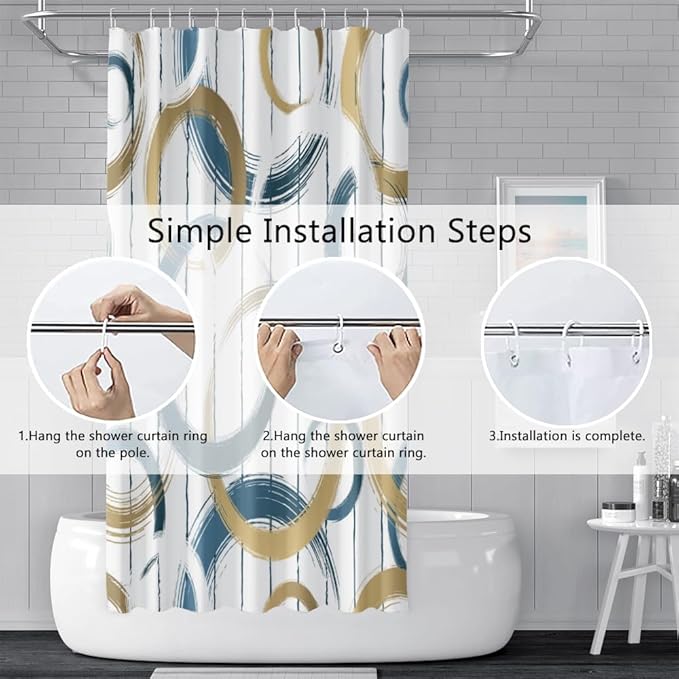 Abstract Geometric Shower Curtains Blue Brown Circle Round Pattern Polyester Fabric Bath Curtains Waterproof for Modern Bathroom Decor Set with Hooks, 72W x 72H Inch