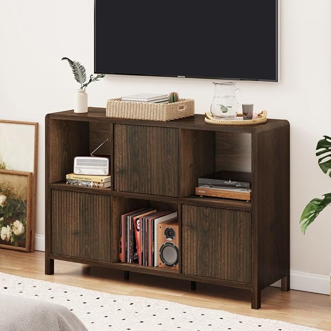 FATORRI 6 Cube Storage Organizer Book Shelf, Horizontal Bookshelf with 3 Doors, 3 Tier Wooden Bookcase for Living Room, Home Office (Dark Walnut)