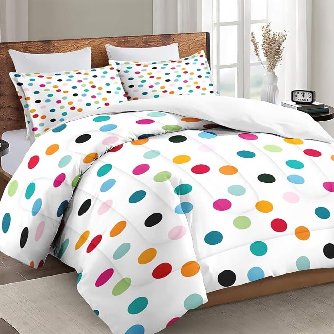 Comforter Set with 2 Pillowcases King Size, Fun Colorful Polka Dots, Bed Decor White Cute Girly Colored Circles for Kids and Adults, Soft Cozy Bedroom Bedding Set