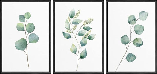 wall26 Canvas Print Wall Art Set Green Watercolor Forest Leaf Collage Nature Floral Illustrations Realism Rustic Scenic Colorful Wilderness for Living Room, Bedroom, Office - 24"x36"x3 Black
