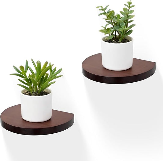 Small Wood Floating Shelves (2-Pack, 6-inch Diameter) - Round Sturdy Invisible Wall Mount Display for Small Plants,Toys,Bathroom,Living Room Storage & Modern Rustic Décor (Dark Walnut)