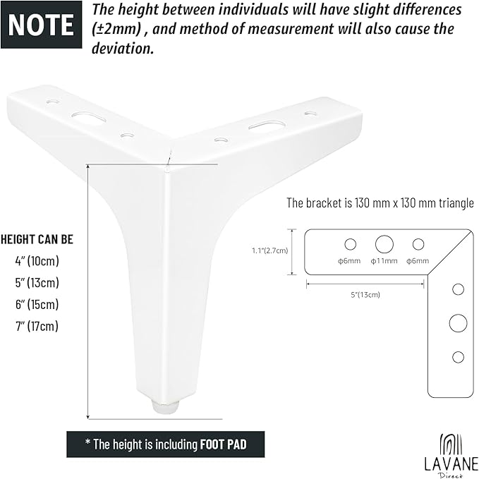 La Vane 7 Inch Metal Furniture Legs, Set of 4 - Modern Diamond Triangle White DIY Replacement Feet Corner Legs for Cabinet, Sofa, Sideboard, Couch, Dresser Makeover