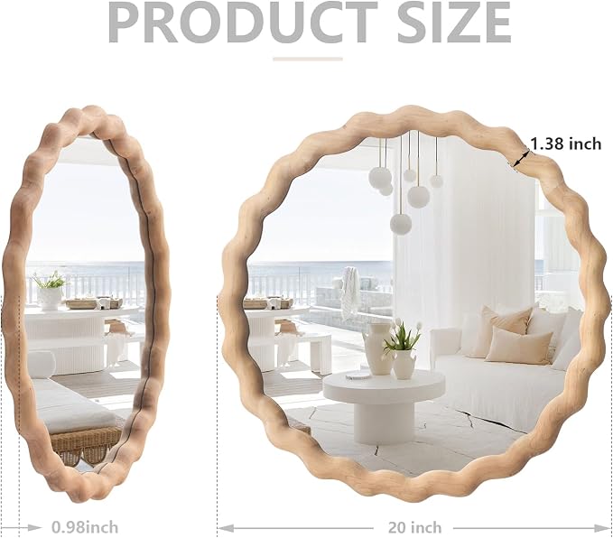 Irregular Wall Mirror,Wood Round Farmhouse Mirror Unique Vanity Mirror,20" Nature Wooden Modern Bathroom Mirror for Washroom Living Room Bedroom