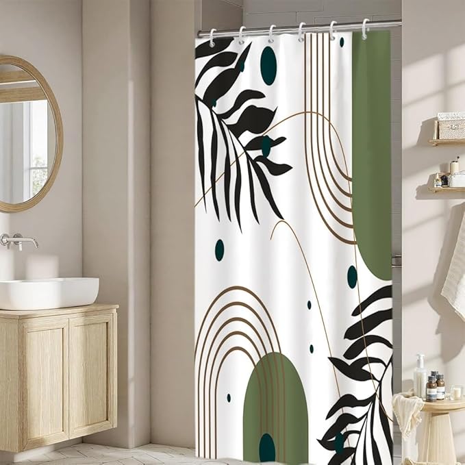Mid Century Boho Shower Curtain for Bathroom Modern Minimalist Neutral Bathroom Decor Abstract Green Leaf Arch Sun Aesthetic Bath Curtains Washable Waterproof Polyester Fabric with Hooks 36x72 Inch