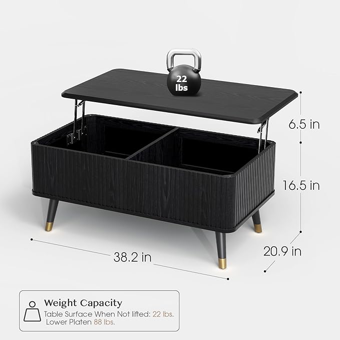 Lift Top Coffee Table with Storage, Mid Century Modern Rectangular Center Table, Fluted Design with Hidden Compartment, Rising Desk for Work from Home, Living Room Furniture, Black Finish