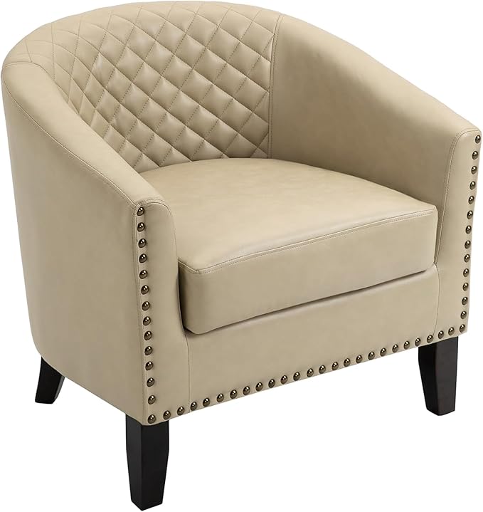 UIXE Faux Leather Barrel Accent Chairs Set of 2, Round Club Chair Modern Upholstered Armchair for Living Room, Comfy Nailed Trim Arm Chair Bedroom Reading Seat - Beige