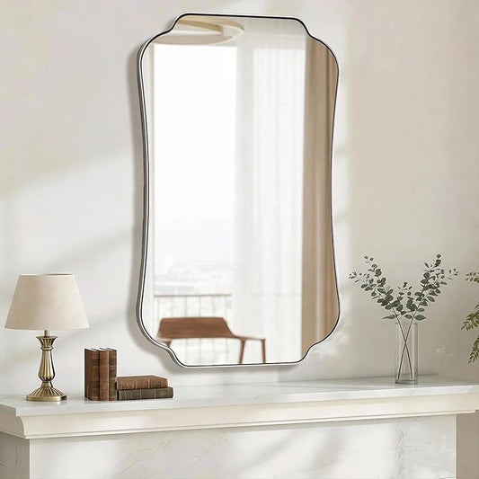 ANDY STAR 24"x40" Brushed Nickel Mirror, Scalloped Bathroom Wall Mirror in Anti-Rust Stainless Steel Metal Frame 1’’ Deep, Hangs Vertically/Horizontally