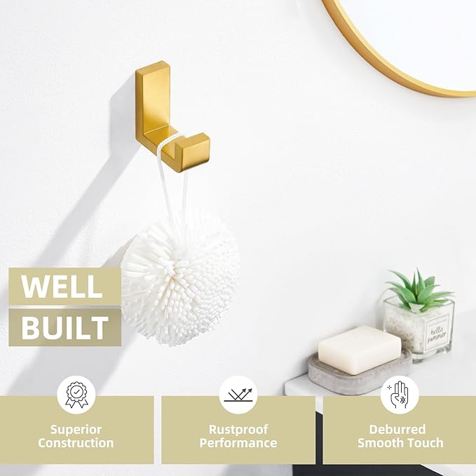 Angle Simple Towel Hook for Bathroom, SUS 304 Stainless Steel Shower Wall Coat Hook, Bath Robe Holder Hanger, Brushed Dark Gold