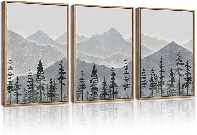 KUVIOKE Mountain Landscape Framed Wall Art Watercolor Nature Forest Painting Boho Farmhouse Rustic Room Decor for Bedroom Dining Room 12x16in (Natural Framed)