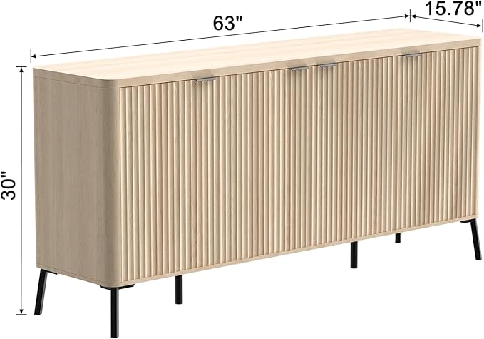 Buffet Cabinet, 63" Large Sideboard Buffet Cabinet with Storage, Modern Fluted Sideboard with 4 Doors, Wood Credenza Coffee Bar Storage Cabinet, for Living Room, Kitchen, Hallway, Oak