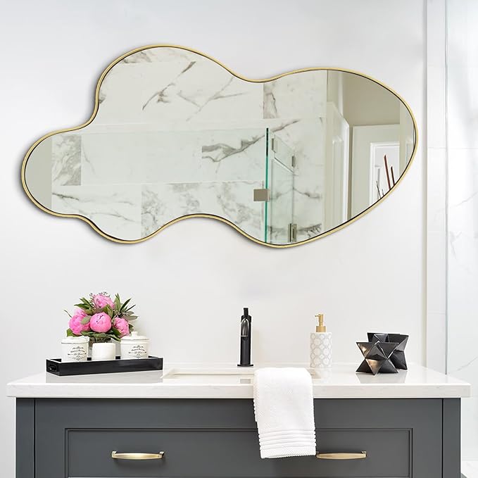 Irregular Mirror, 46.5"x24" Asymmetrical Mirror, Gold Metal Frame Abstract Wall Mirrors Decorative, Modern Odd Shaped Mirrors for Living Room Bathroom Bedroom Hallway Entryway Fireplace