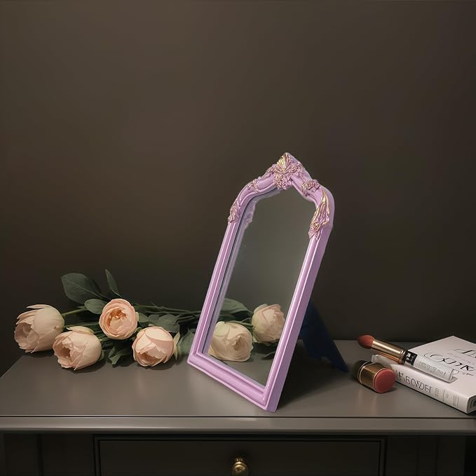 Pink Flower Bow Mirror - 13x10 Inch Elegant Decorative Accent, Wall-Mounted & Tabletop Makeup Mirror for Bedroom Interior Decor
