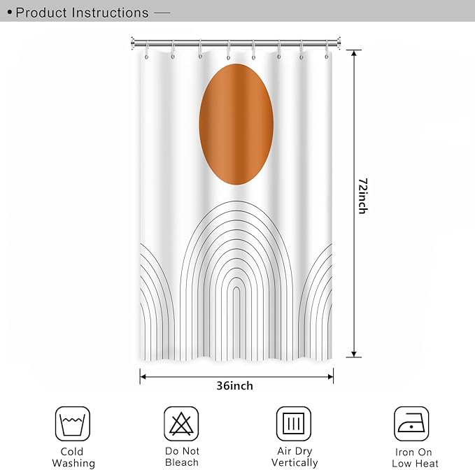 Abstract Mid Century Bohemian Bathroom Shower Curtain Orange Sun Lines Arch with Hooks Waterproof Fabric Polyester, 36x72 Inch