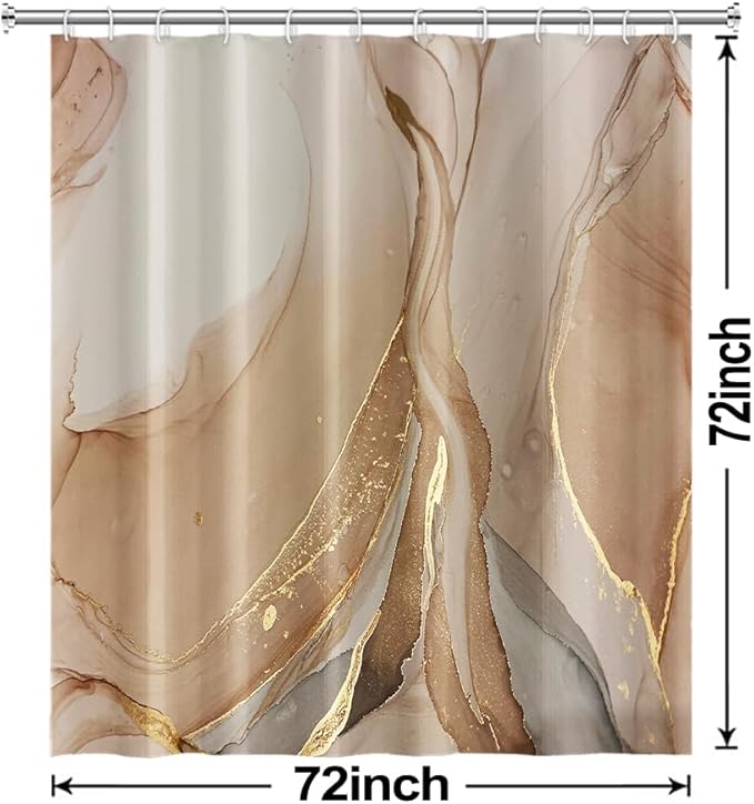 Brown Shower Curtain, Modern Brown Gold Grey Marble Shower Curtain for Bathroom Aesthetic Ink Texture Waterproof Shower Curtain Set with Hooks, 72x72 Inch