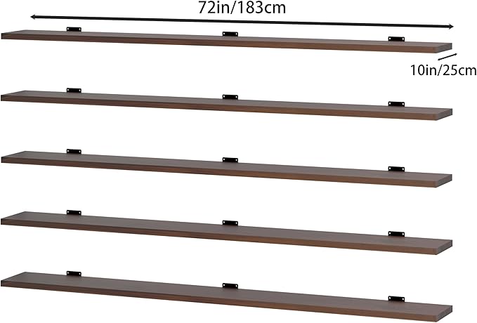 5 Tier Book Shelf,72 inch Long Floating Shelf for Wall,Adjustable Large Bookcase,Wall Mounted Bookshelf Display Shelves