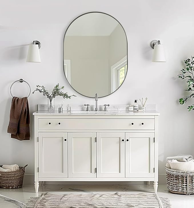 ANDY STAR 24x32'' Oval Mirror, Polished Chrome Oval Mirror Pill-Shaped Design in Stainless Steel Metal Frame for Bathroom, Entryway, Living Room, Contemporary 1" Deep Wall Mount Vertical or Horizontal