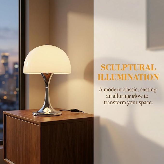 Modern Mushroom Table Lamp, Mid-Century Nightstand Lamp with Smooth Acrylic Shade & Metal Base, 3-G9 Socket Bedside Desk Lamp for Bedroom Living Room Office, Retro Decor Accent Light, Chrome