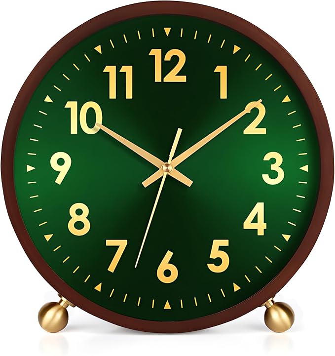 Maxspace Wooden Table Clock,8in Silent Non-Ticking Desk Clock with Gold Ball Base,Battery Operated Desktop Analog Clock for Living Room Office Bedroom Decor (Green Gold - Walnut, Copper Ball Base)