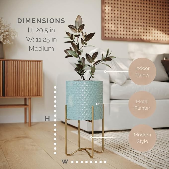 EverNest Mid-Century Modern Rhys Honeycomb Embossed Planter Pot with Ambrose Stand, Metal Indoor Plant Pots, Blue Green Bohemian Style (Medium 2 Gallon)