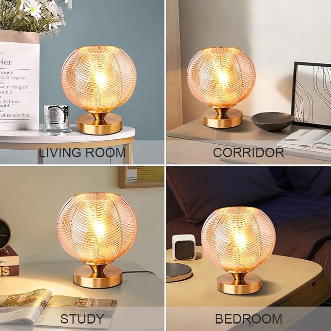 Mid-Century Modern Glass Table Lamp 3 Brightness Levels Dimmable Touch Control Desk Lights with Plug in Cord On/Off Switch, Globe Decor Nightstand Lamps for Bedroom Living Room Office (Amber)