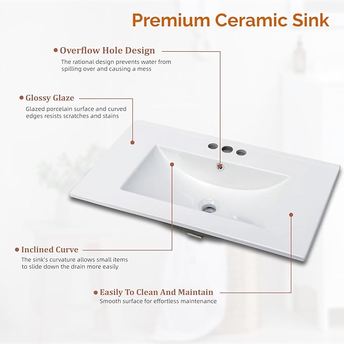 VINGLI 30 Inch Bathroom Vanity with Sink, Mid-Century Modern Vanity with Ceramic Basin and Fluted Soft-Close Doors, U-Shape Storage Shelf,Free Standing Small Bathroom Sink Cabinet Combo Set,Walnut