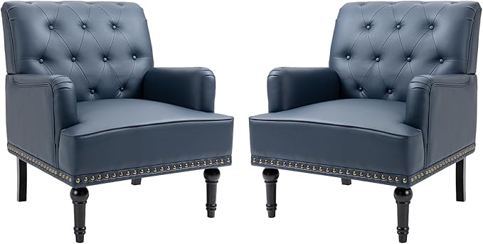 MOJAY Faux Leather Accent Chair Set of 2, Mid-Century Modern Living Room Chair Lounge Study Sofa Chair with Sturdy Wood Legs, Club Chair Armchair for Bedroom Home Study Reception (DarkBlue)