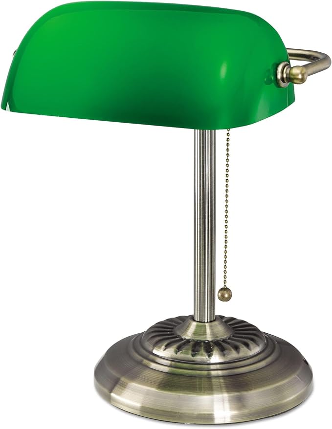 Alera Traditional Banker'S Lamp, Green Glass Shade, 10.5" W X 11" D X 13" H, Antique Brass