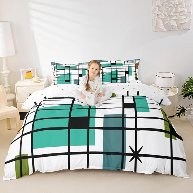 Retro Atomic Comforter Cover White Turqoise Black Bed Set, Geometric Lines Stripes Duvet Cover Queen Size Mid Century Minimalist Bedding Sets, Fifties Old Fashion Bedspread Cover Microfiber 3pcs