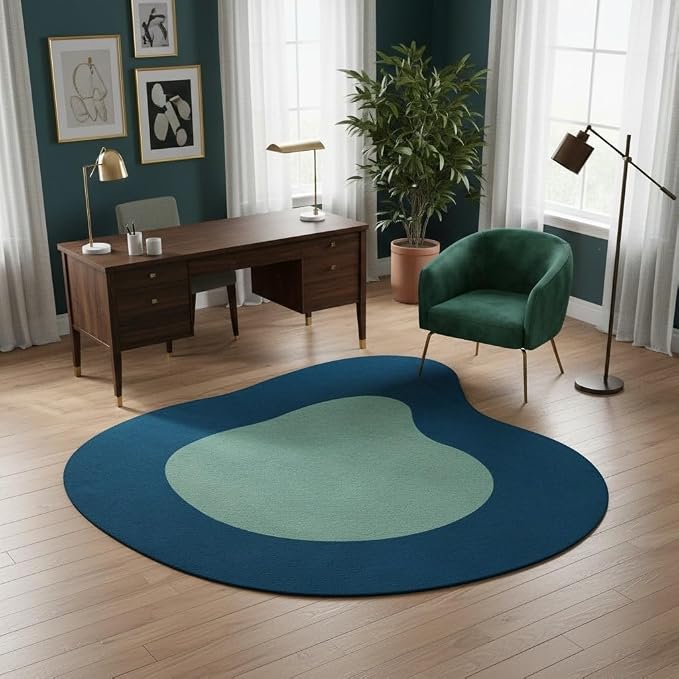 Modern Abstract Irregular Shaped Area Rug Navy Blue Mint Green Irregular Rug for Living Room Bedroom Nursery Ultra Soft Washable Thick Carpet Boho Playroom Apartment Stain Resistant Floor Mats 4ft