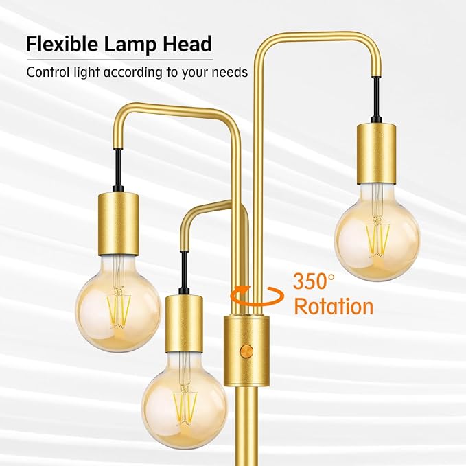 BoostArea Industrial Floor Lamp for Living Room,Gold Modern Standing Lamp Stand Up Lamp with 3 Light, Bulbs Not Included,Simple Design Floor Lamp for Bedroom, Living Room, Office, Kids Room, Reading
