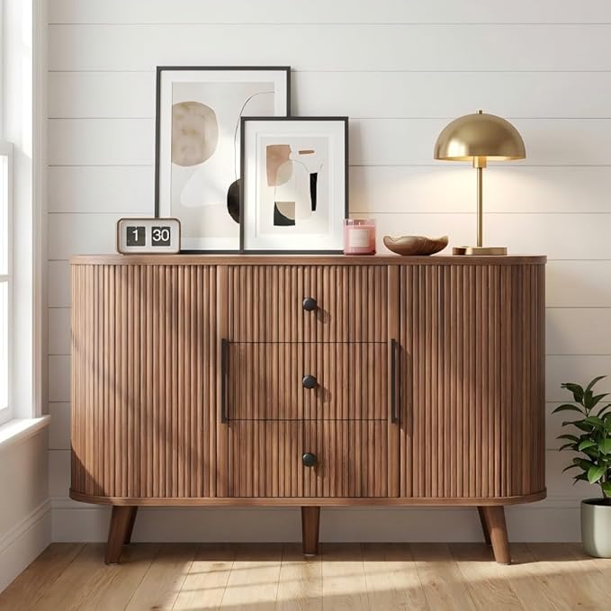 47.2" Mid-Century Modern Fluted Sideboard Buffet Cabinet with Tambour Sliding Doors, 3 Drawers & Adjustable Shelves, Walnut Storage Credenza Console for Living Room, Entryway (Walnut brown)