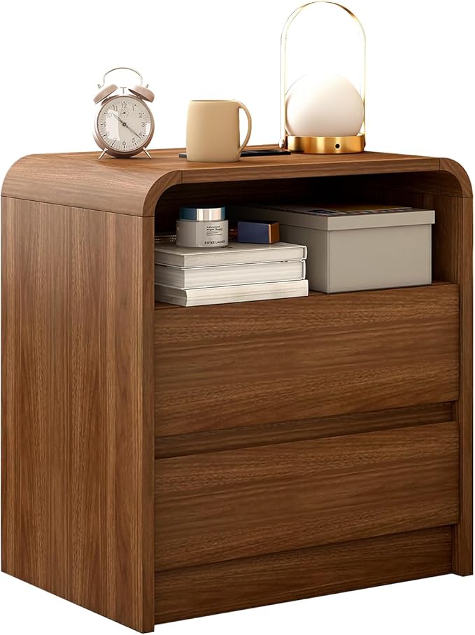 Modern Nightstand, 23.6-Inch Wide with Charging Station & Curved Anti-Collision Design, Mid-Century Storage Cabinet, Pre-Embedded Slots, Sturdy & Reusable, Ideal for Dorm, Sofa, or Office (1)