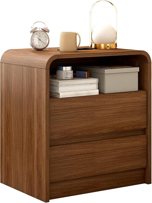 Modern Nightstand, 23.6-Inch Wide with Charging Station & Curved Anti-Collision Design, Mid-Century Storage Cabinet, Pre-Embedded Slots, Sturdy & Reusable, Ideal for Dorm, Sofa, or Office (1)
