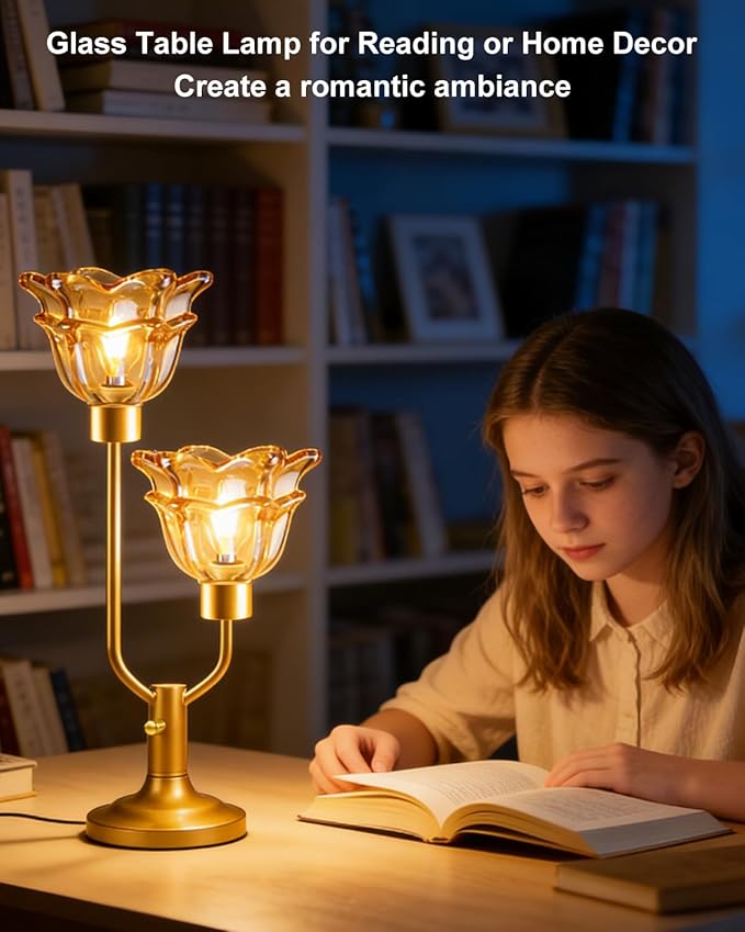 Lightdot Mid Century Modern Flower Table Lamp for Living Room Dimmable Nightstand Lamp Amber Glass Vintage Gold Desk Lamp 2 Bulbs Included Warmwhite Ambient Bedside Lamp for Bedroom Home Office Decor