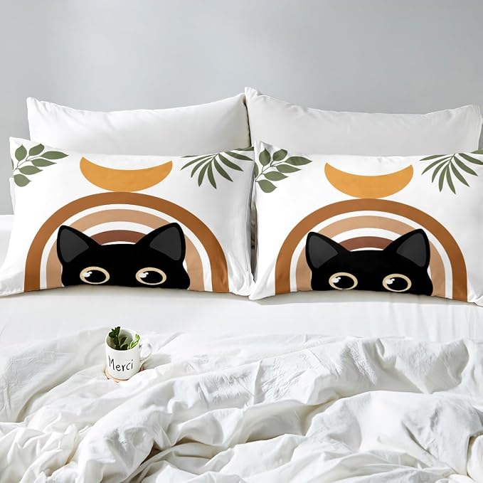 Erosebridal Cartoon Cat Bedding Set Queen Abstract Geometric Duvet Cover Boho Mid Century Comforter Cover for Kids Girls Boys Adults Modern Minimalism Animals Bed Set